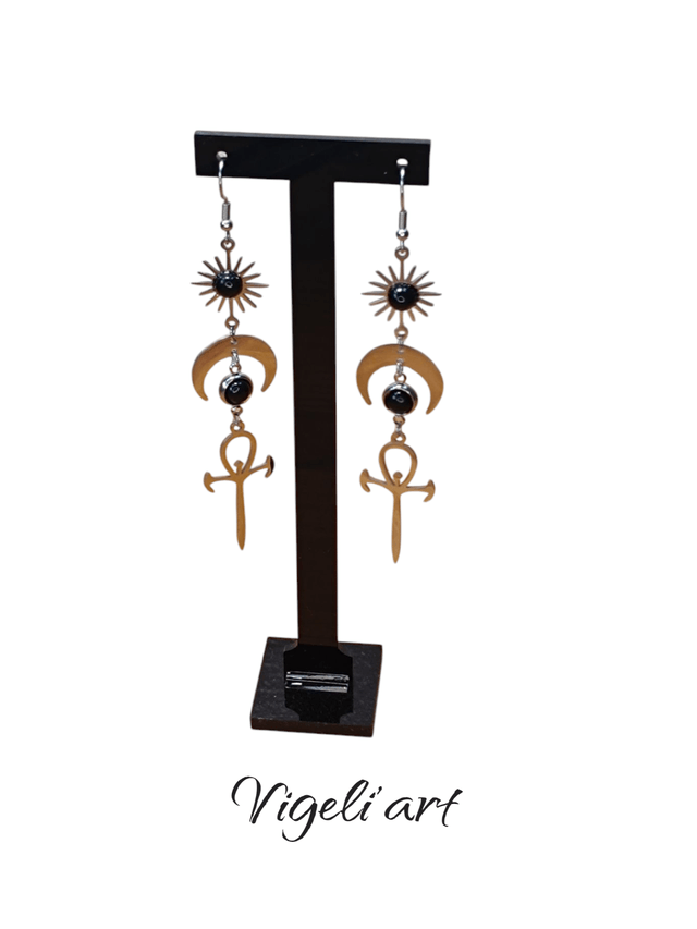 boucles d'oreilles obsidienne croix égyptiennes 